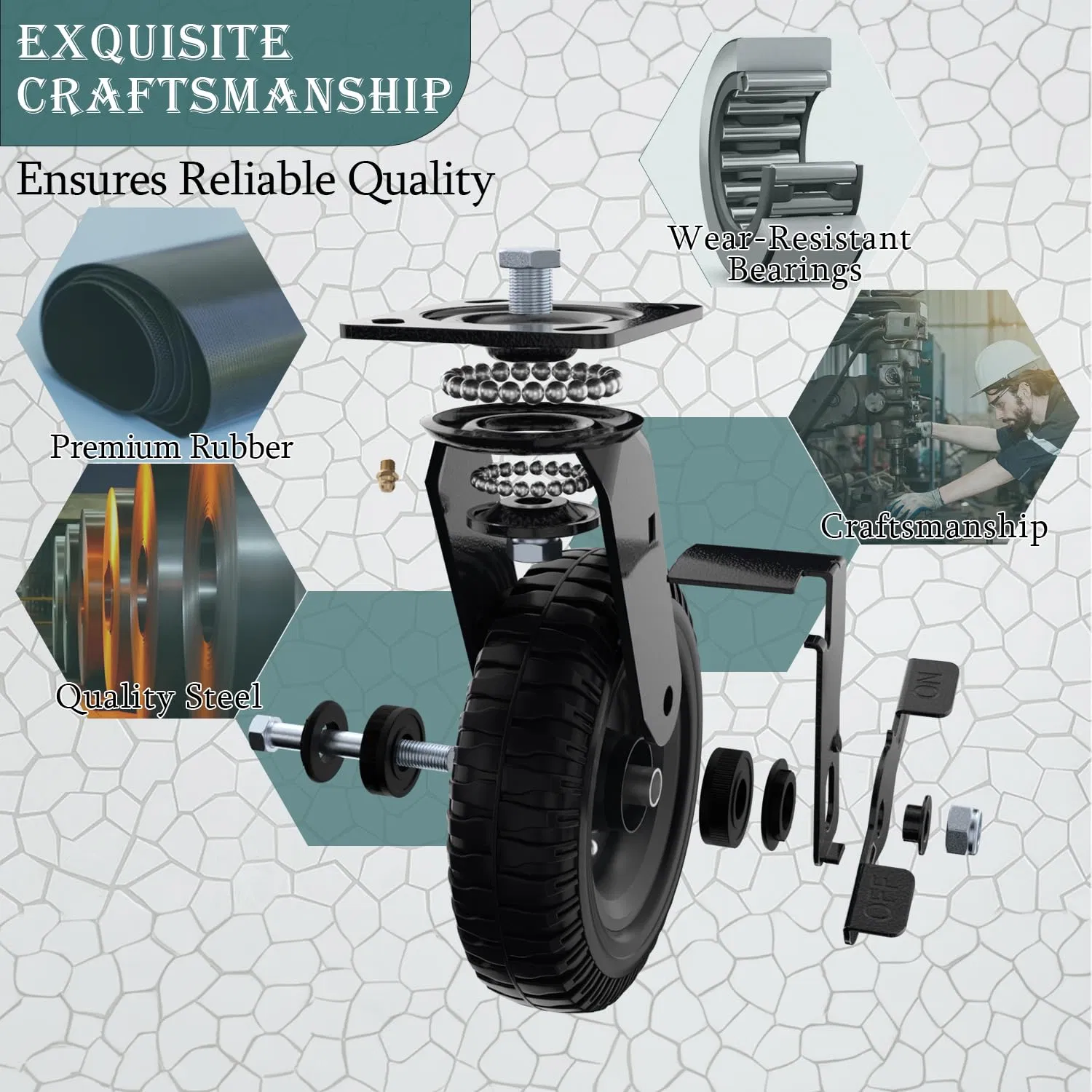 Plate Caster Wheel with Side Brake, 8 Inch/200mm Solid Rubber Tire