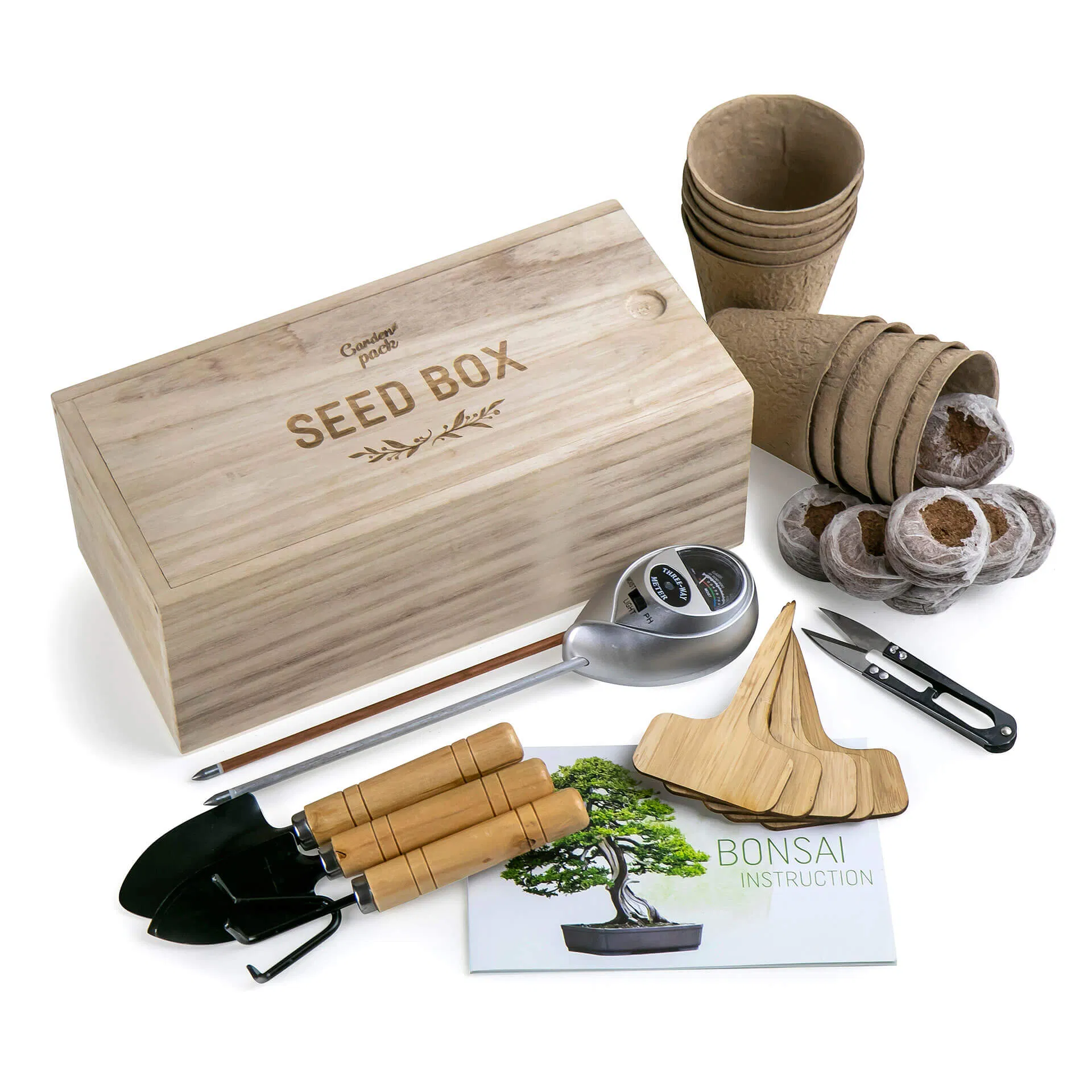 Garden Pack Grow Your Own Bonsai Tree Kit with Plant Markers Soil Moisture Light pH Meter Peat Pots Peat Pellets Pruning Scissors Miniature Gardening Tools