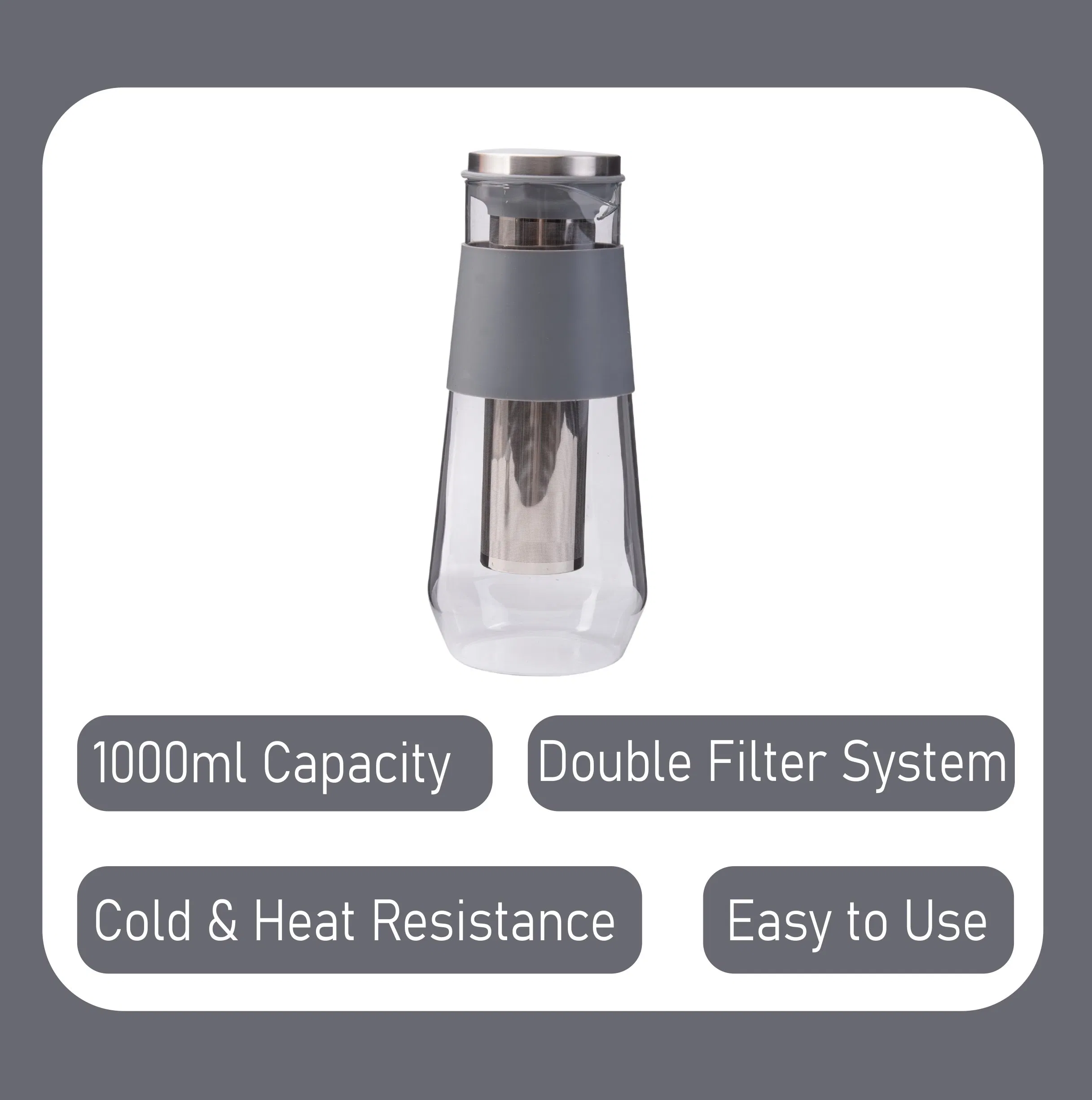1L Glass Cold Brew Coffee Maker with Stainless Steel Mesh Filter and Lid Gray