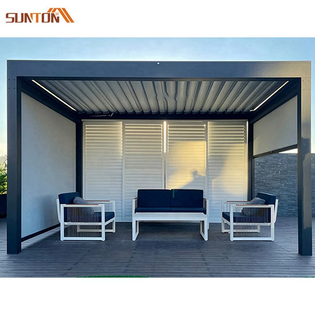 China Waterproof Aluminum Sunproof Gazebo Motorized Movable Outdoor Louver Side Blinds Blade Shutter Roof Pergola System Designs