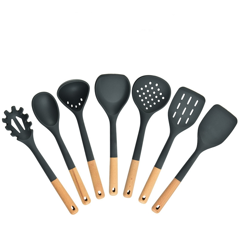 7-Pieces Heat Resistant Silicone Kitchen Utensils with Wooden Handle for Cooking