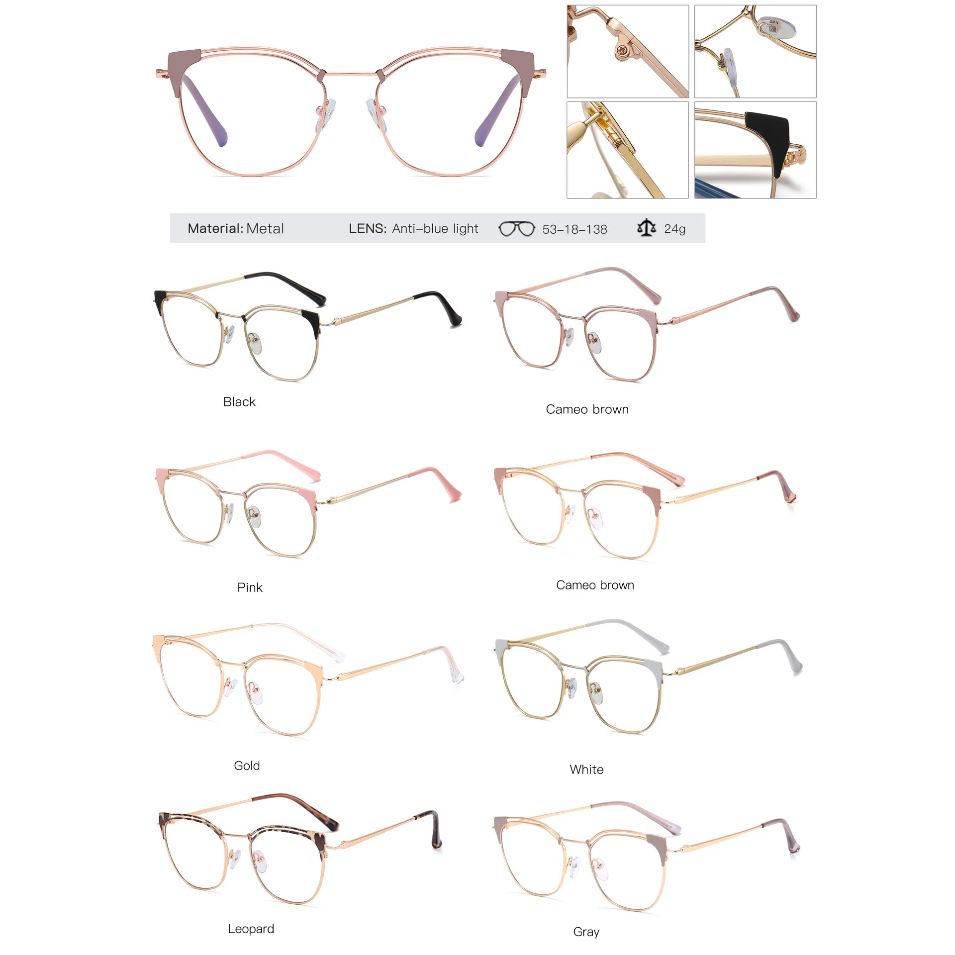 Retro Frame Women Oversized Women Top Quality Optical Glass Lens Frames Blue Light Blocking Eyewear Cat Eye Metal Glasses Frame