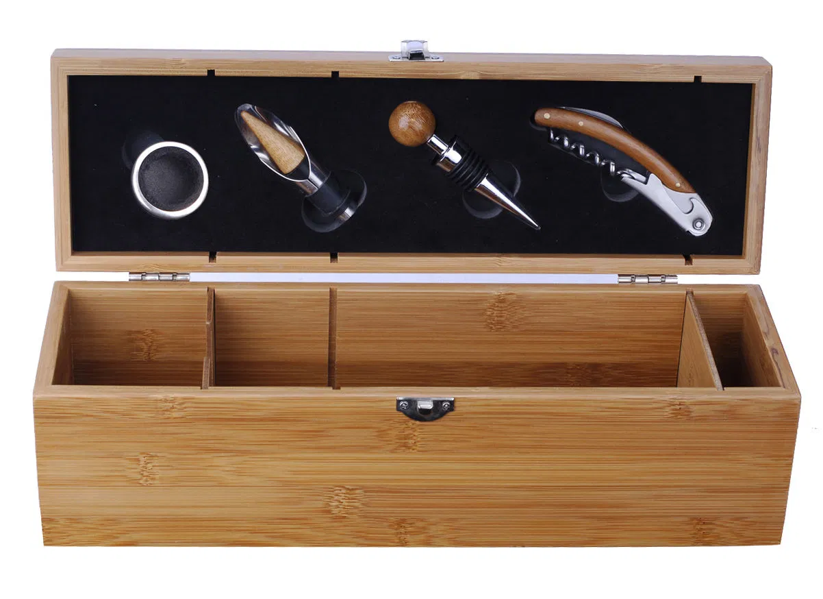 Wood Wine Bottle Opener Box Stainless Steel Waiter-Style Corkscrew Opener Kit Bamboo Wine Case with Tools Set