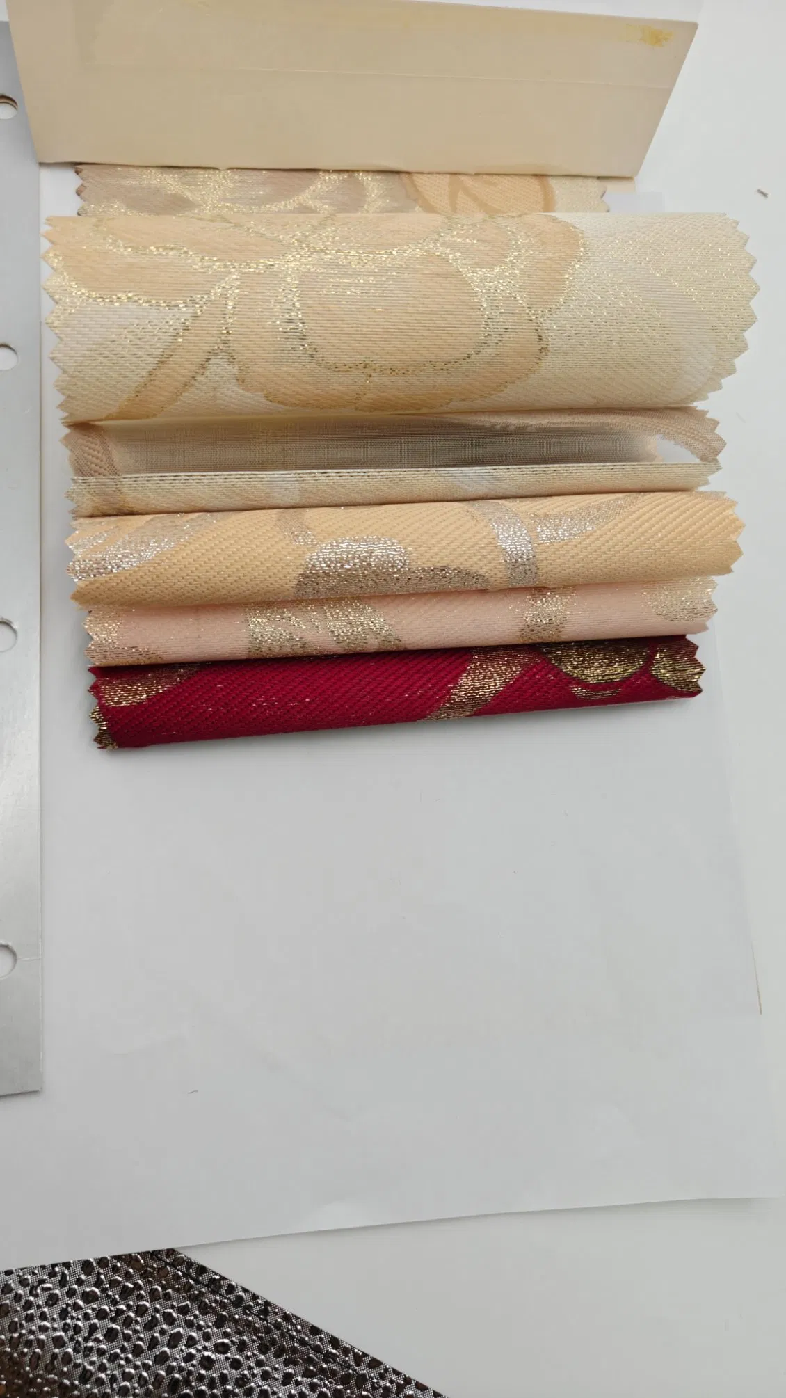 Textured Zebra Blinds Fabric Swatch - Maroon & Cream Wavy Stripe with Botanical Motifs