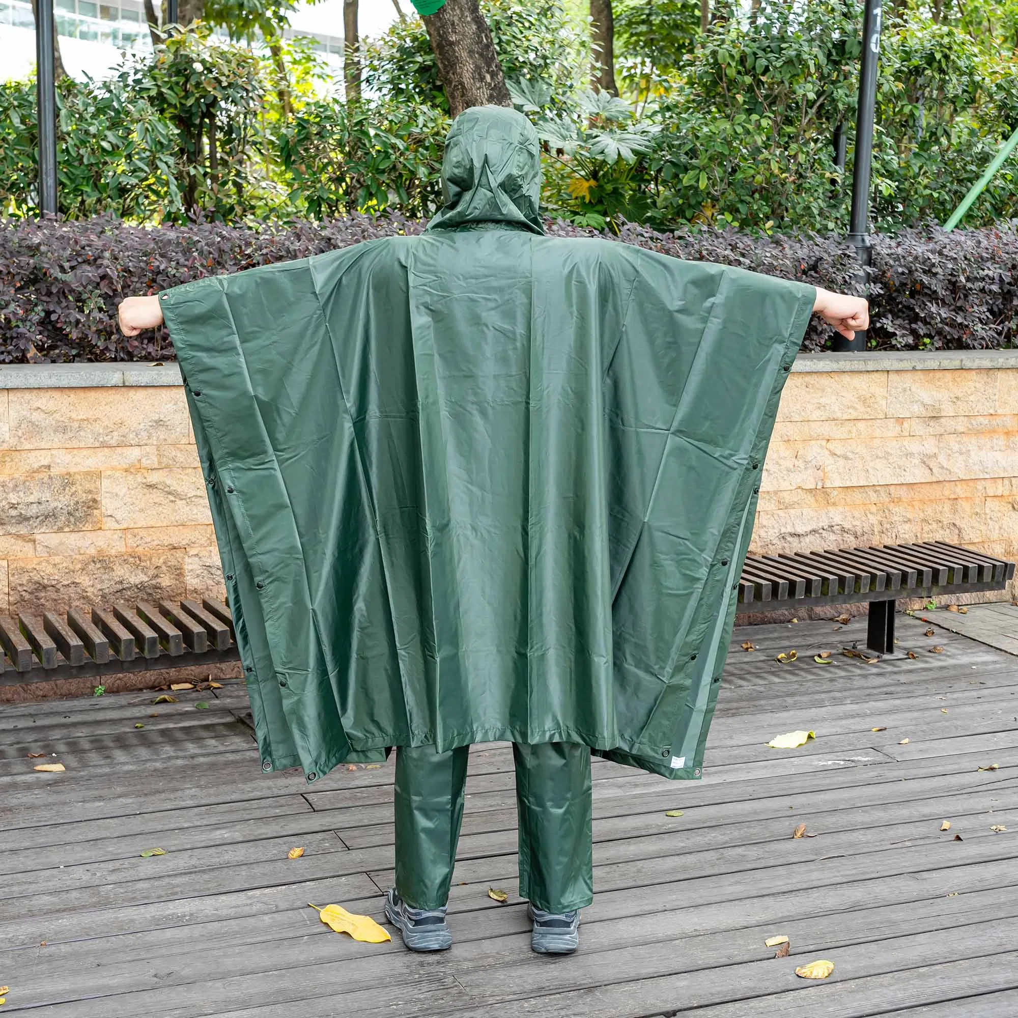 Outdoor Rain Poncho and Pants Set Olive Green Polyester PVC Rain Coat