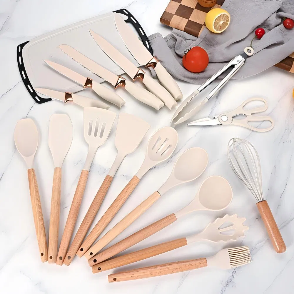 High Quality 19 Piece Silicone Kitchen Utensil Set with Wooden Handle and Cuttings Board Storage Bucket Kitchen Gadget Set