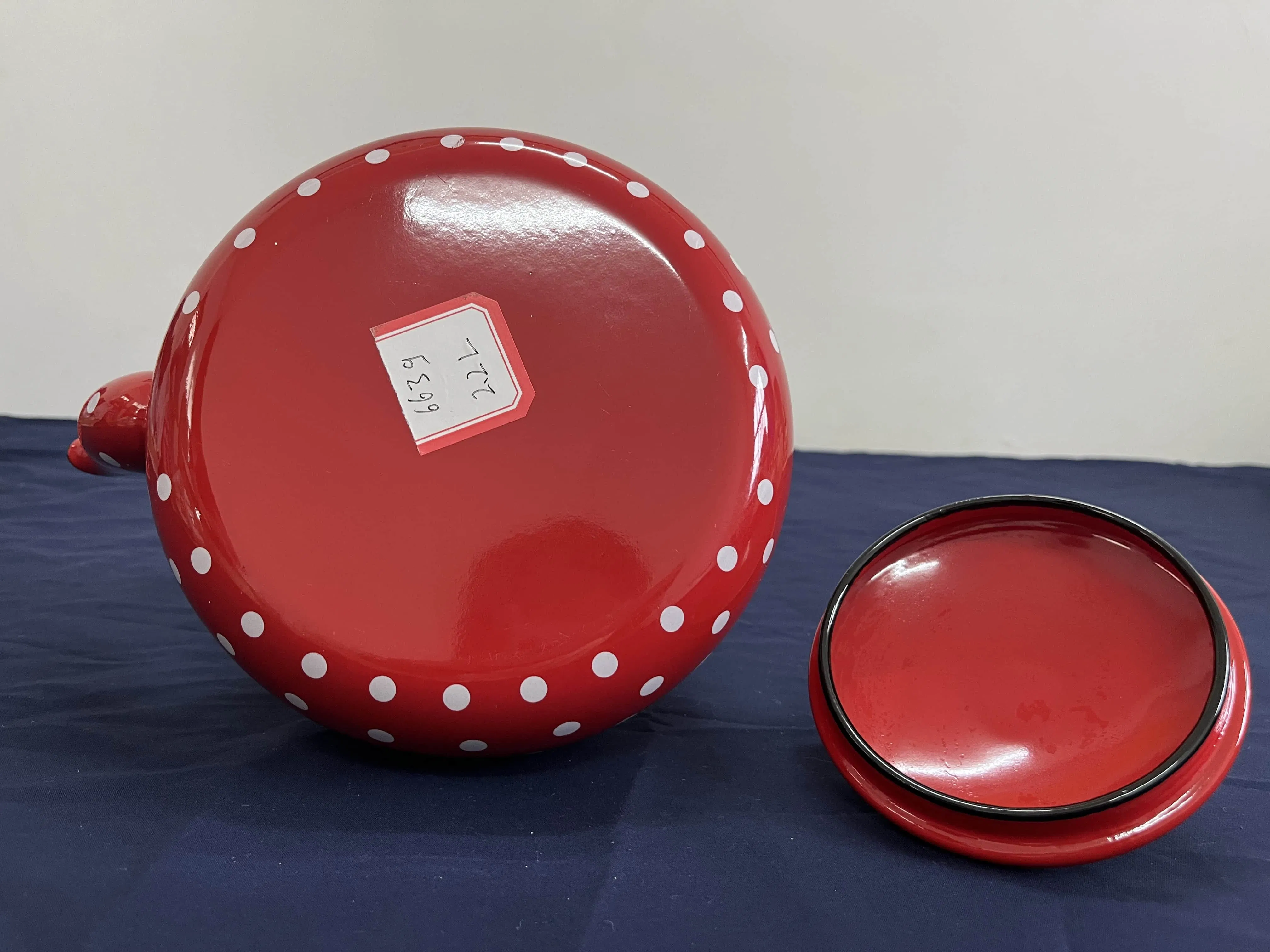 Red Enamel Kettle with White Spots Stainless Steel Handle Round Teapot