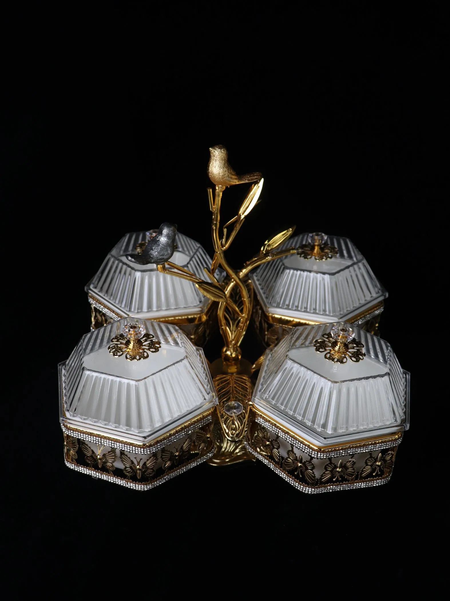 Home Ornament Gold-Plated Iron Frame with 4 Hexagonal Plastic Bowl Sets