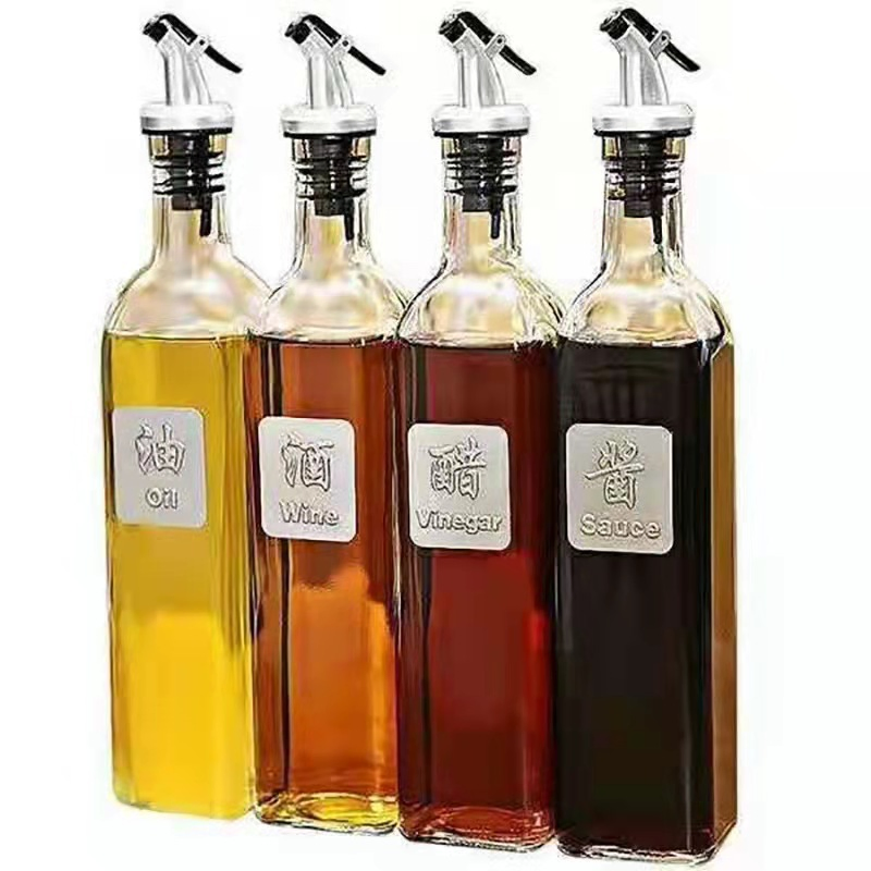 250ml 16 Oz 500ml Empty Kitchen Square Vinegar Glass Cooking Olive Oil Bottle with Pourer Spout for Condiment Soy Sauce