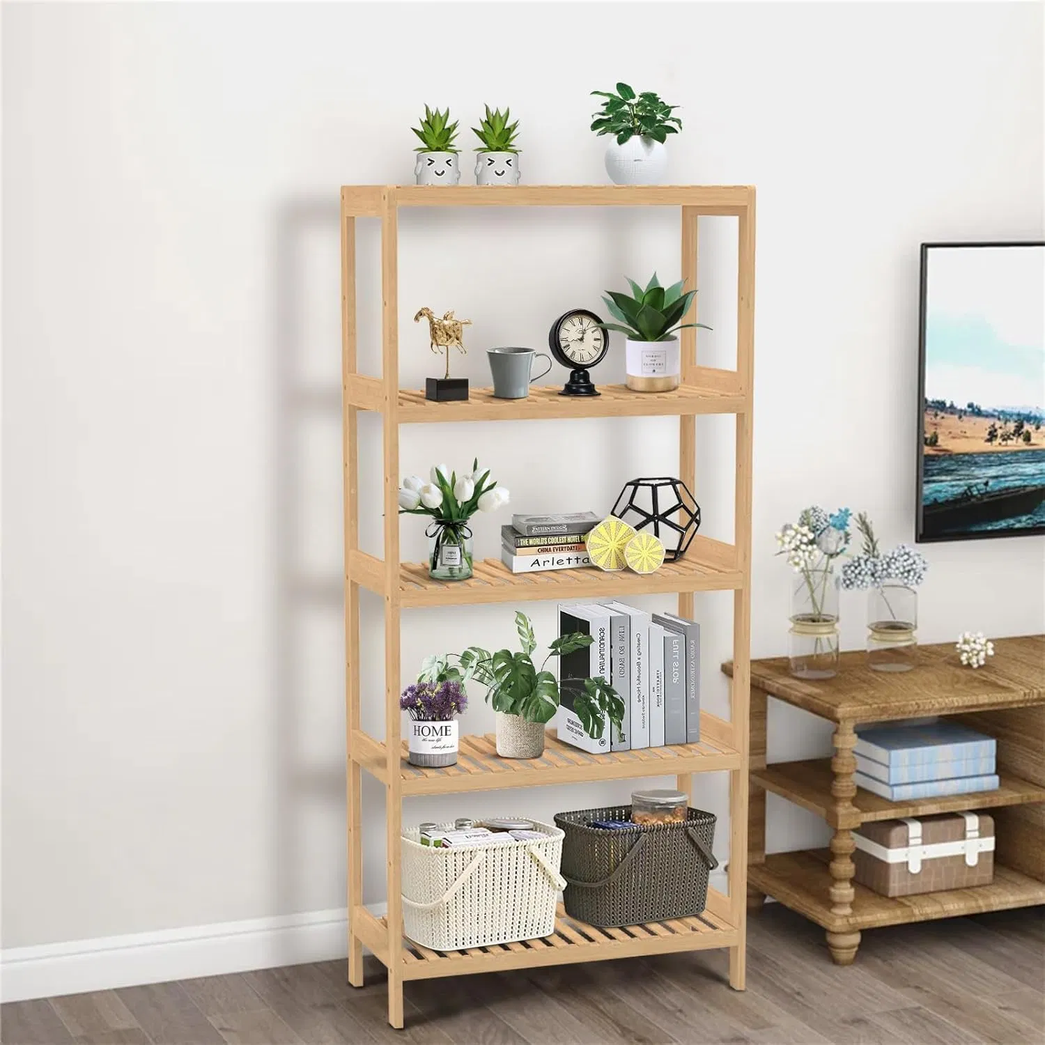 Bamboo Household Simple Five Story Floor Standing Bathroom, Living Room, Bedroom Bamboo Shelf, Storage Rack