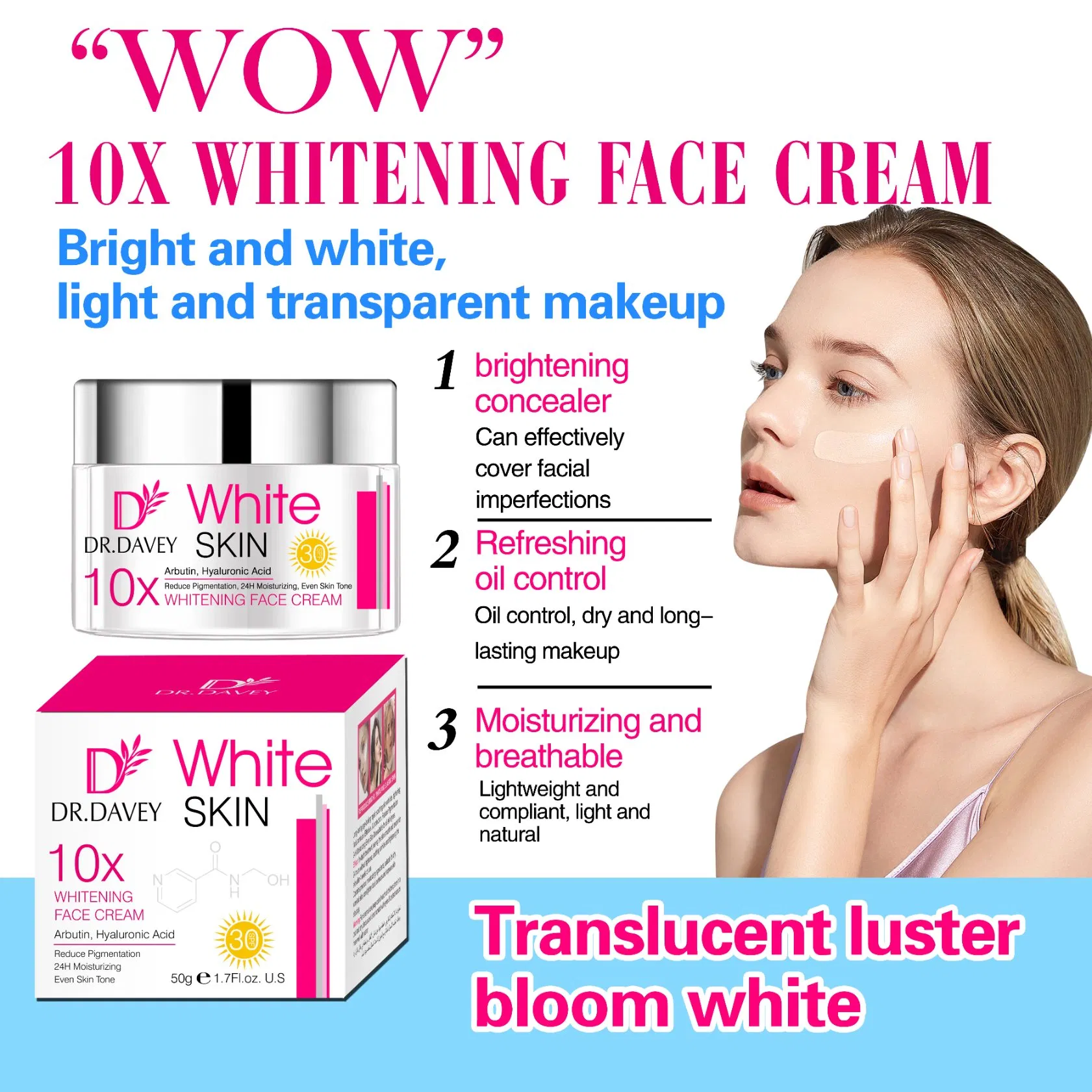 Dr. Davey 50g Whitening Face Cream Arbutin, Hyaluronic Acid Remove Spots Facial Cream