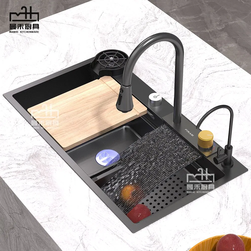 Factory Customised 304 Stainless Steel Single Kitchen Sink with Waterfall Faucet Regular Style Wire Drawing Gold Flying Rain Sink