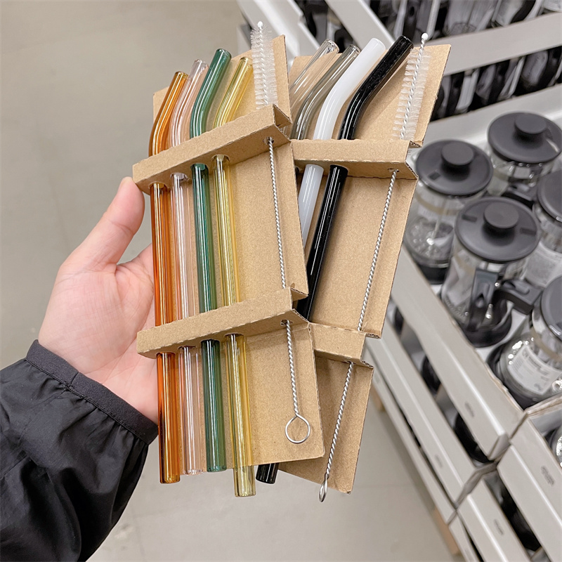 Glass Straw Set with Brush Packaging Eco Friendly Borosilicate Glass Transparent Colorful Color Drinking Straw Set