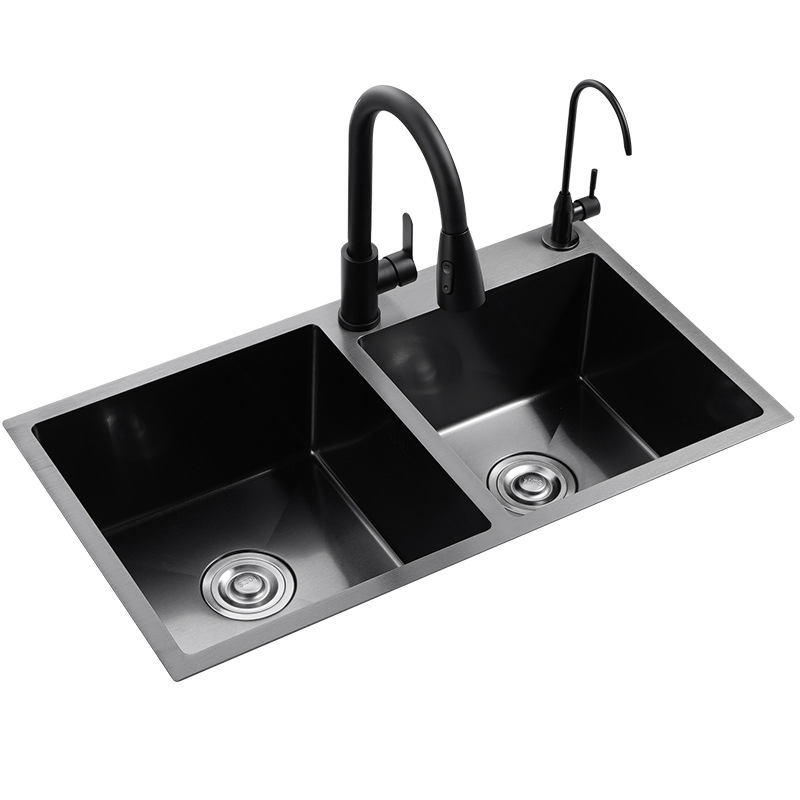 Nano Black Double Bowl Handmade Drop-in Kitchen Sink-Basin with Faucet, Factory Wholesale