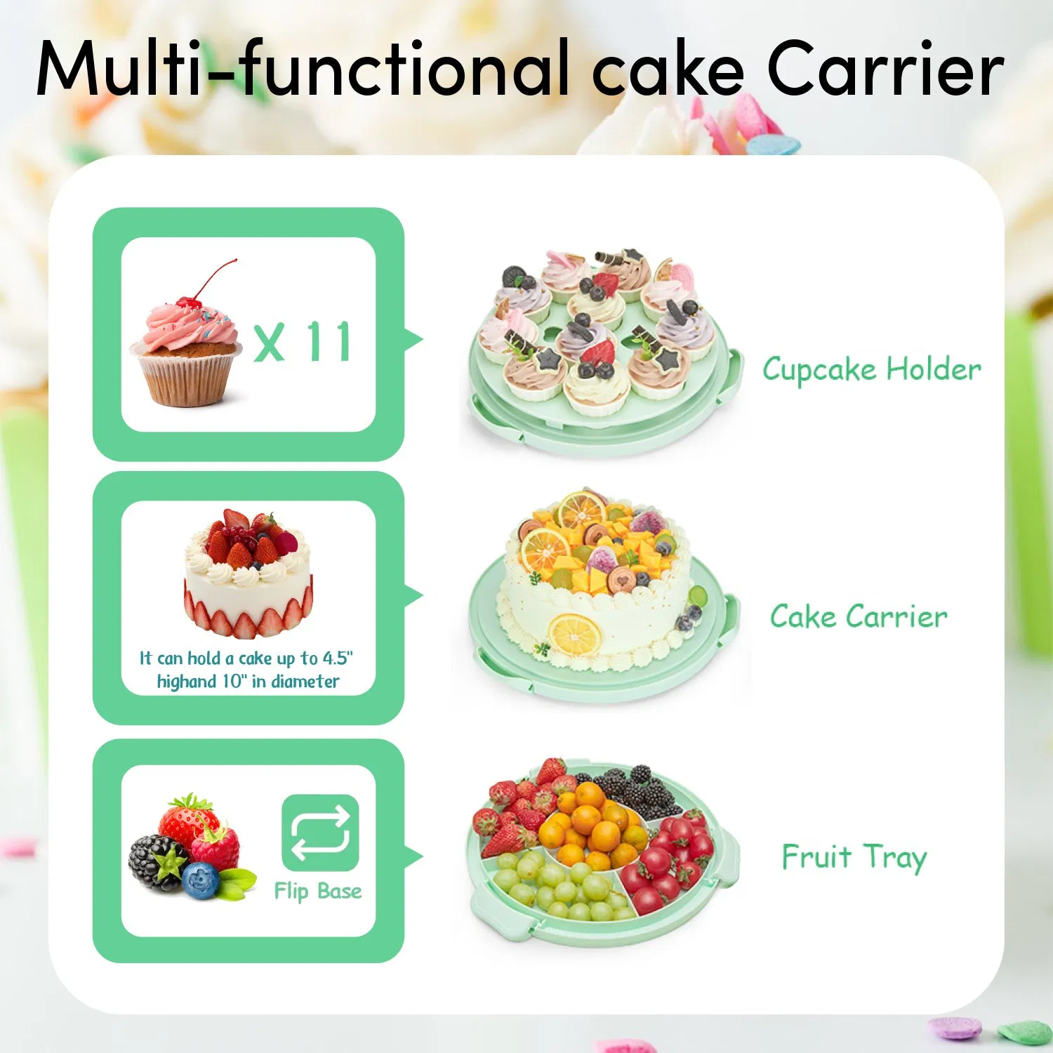 Green BPA Free 11 PCS Cupcake Carrier Holds 10 Inch Cake with Clear Lid and Collapsible Handles for Cake Storage