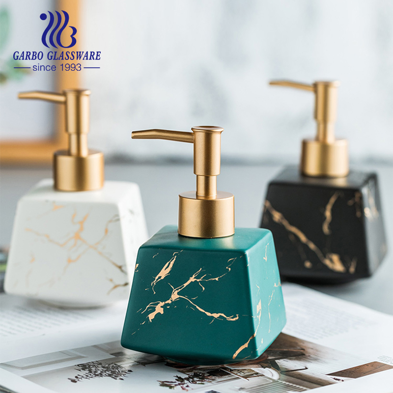 Promotion Porcelain Bathroom Sets Ceramic Liquid Shampoo Shower Gel Dispenser with Metal Lid