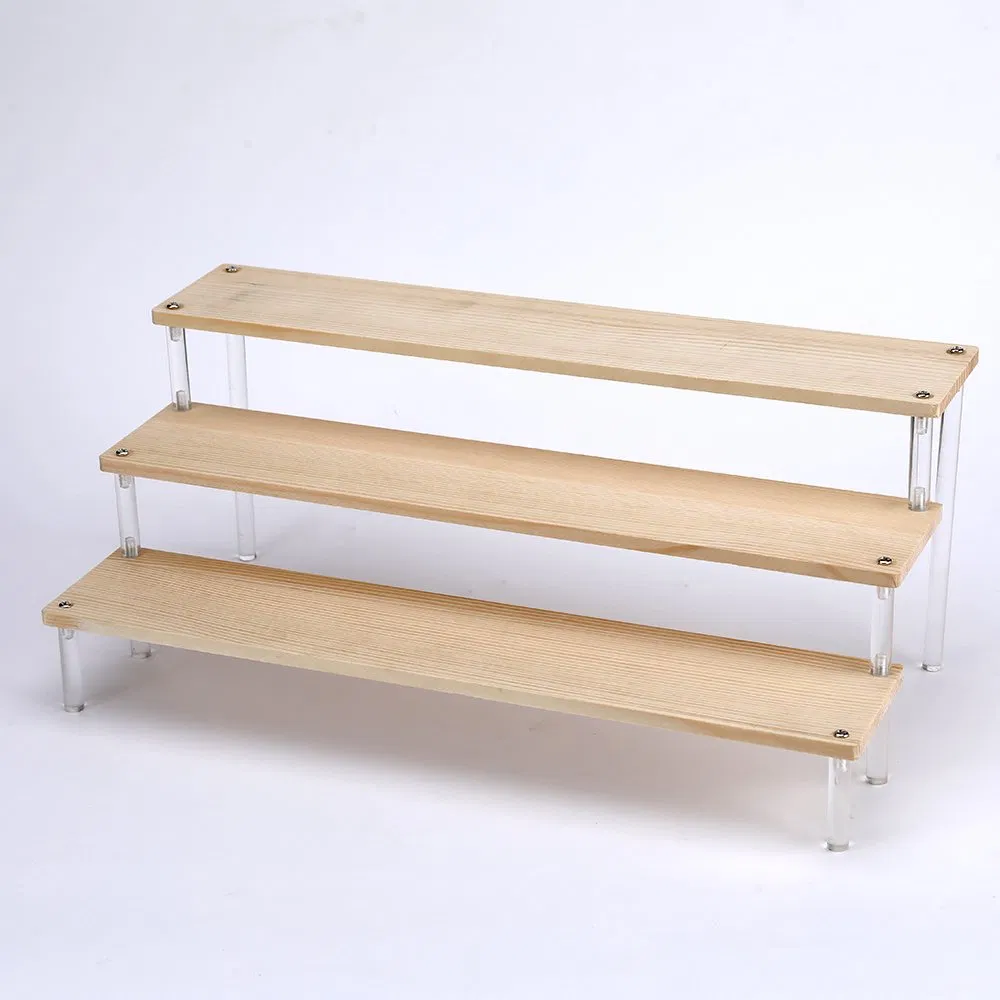 Elegant 3-Tier Acrylic and Wood Display Shelf for Organizing Makeup and Desserts