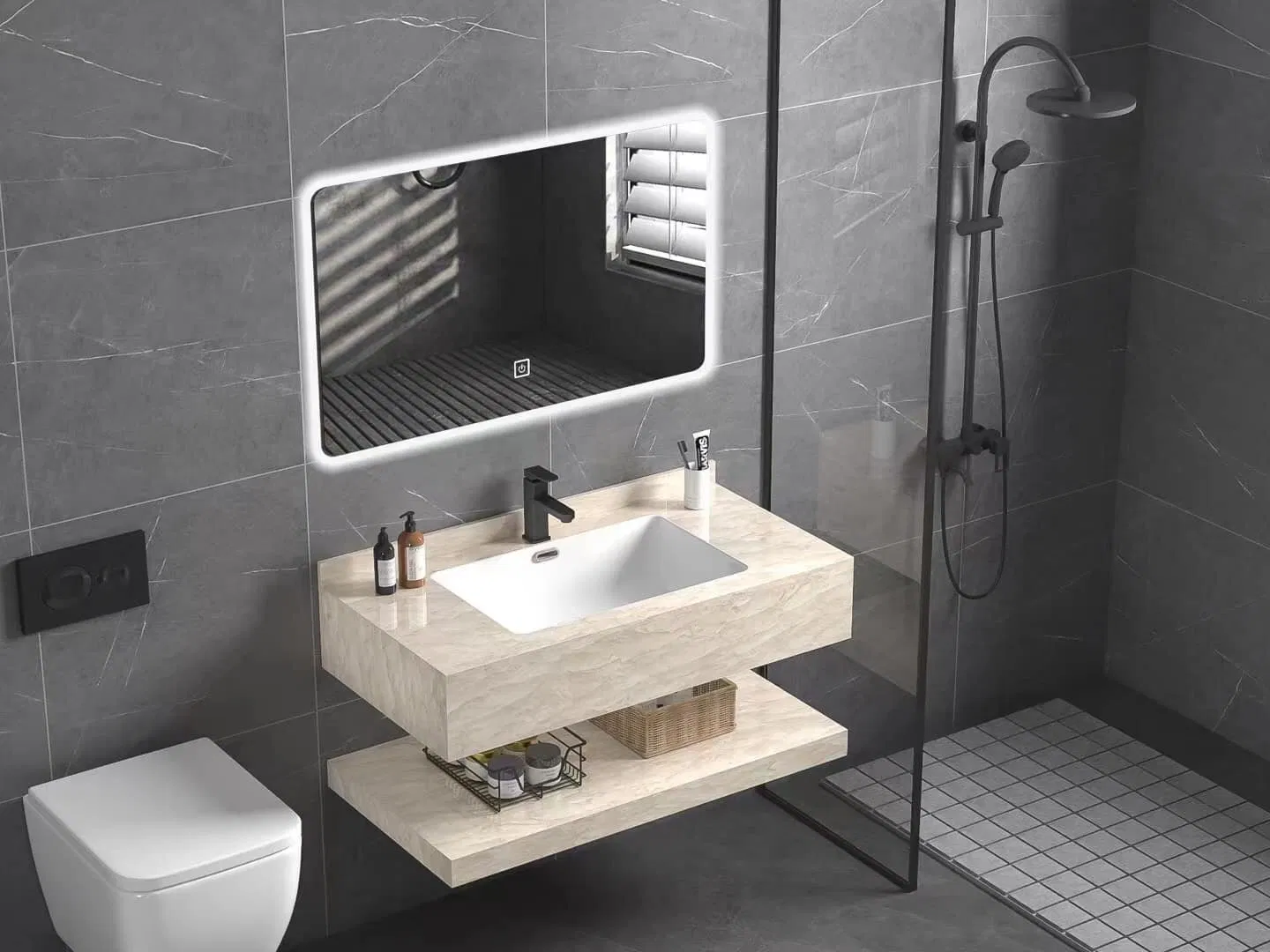 Custom Wall Mount Calacatta Viola Marble Sink Bathroom Floating Basin Marble Vanity Cabinet with Functional Drawers