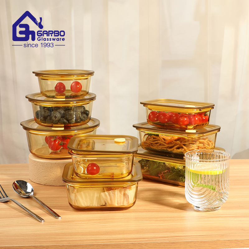 960ml Lunch Box in High Borosilicate Glass with Solid Amber Color LFGB Standard Food Contact Storage Container