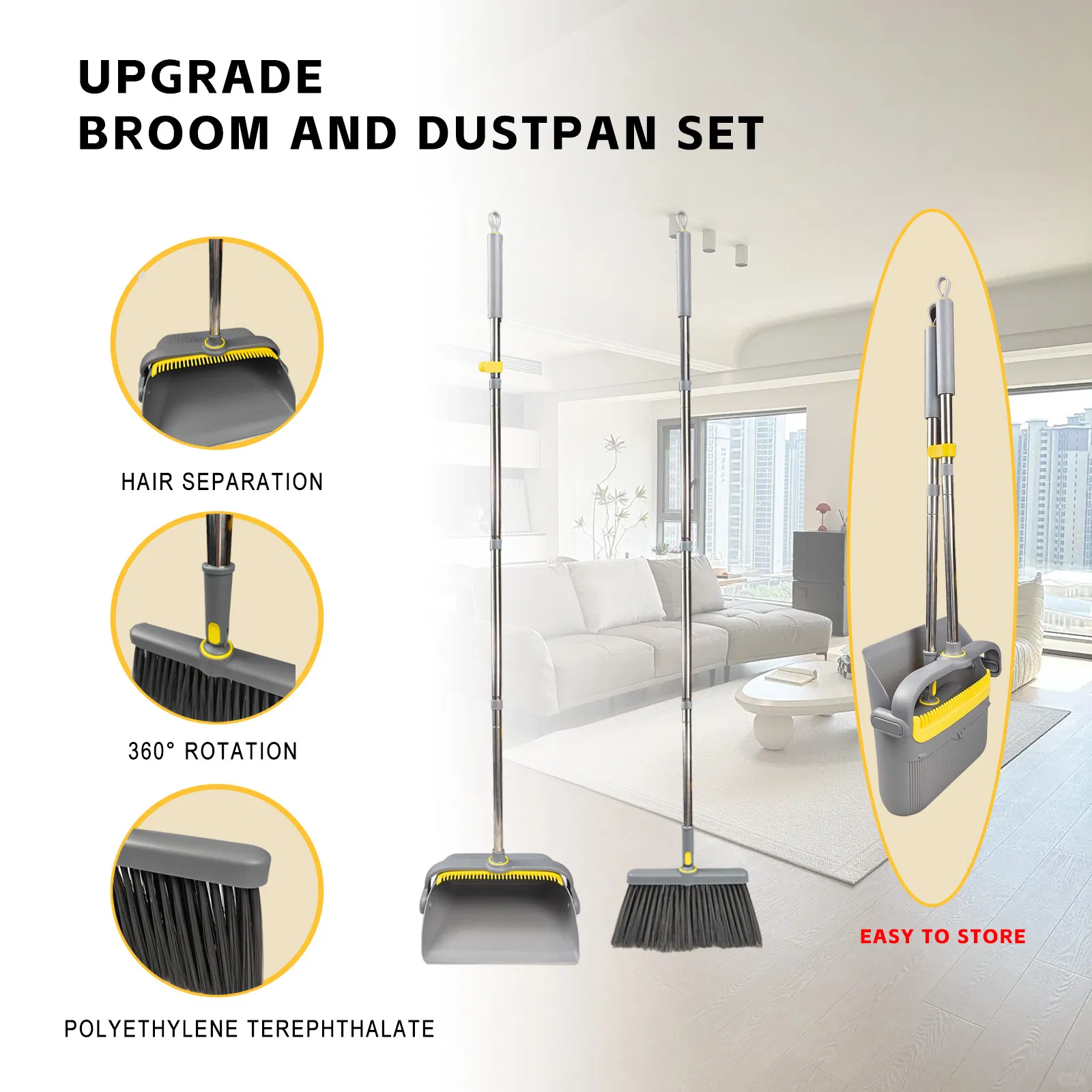 Long Handle Broom and Dustpan Set Adjustable Handle Dust Pan Teeth