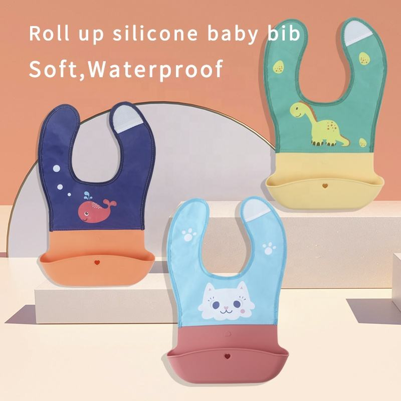 Newest Cute Cartoon Printing Food Grade Nylon Silicone Bib Waterproof Baby Bibs