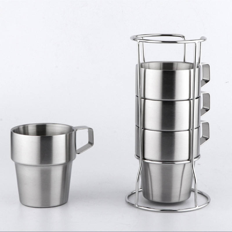 Stainless Steel Double-Layer Coffee Mugs Set with Metal Rack Stackable