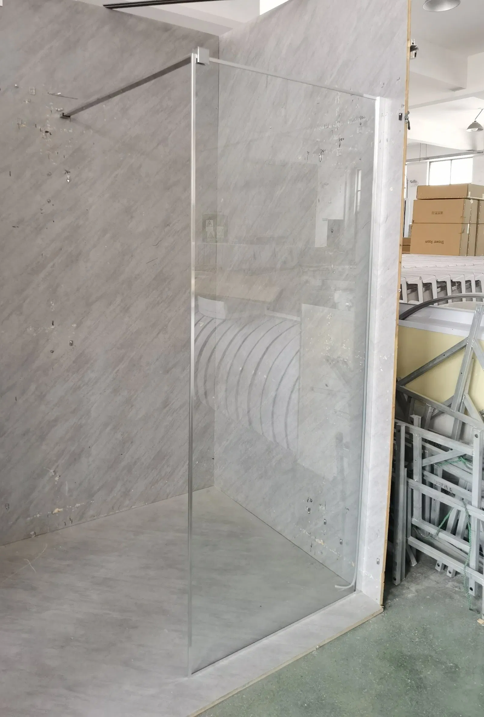 Chrome Frameless Walk in Shower Enclosure with Hinged Flipper Panel and Shower Tray