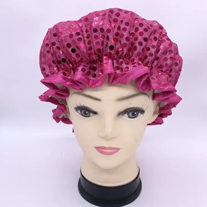 China Factory High Quality Waterproof Shower Caps Double Layer Sequin Shower Cap