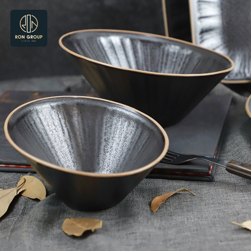 Wholesales Black Durable Heat-Resistant 6/8 Inch Round Ceramic Salad Sauce Soup Bowl for Catering Dinnerware Tableware