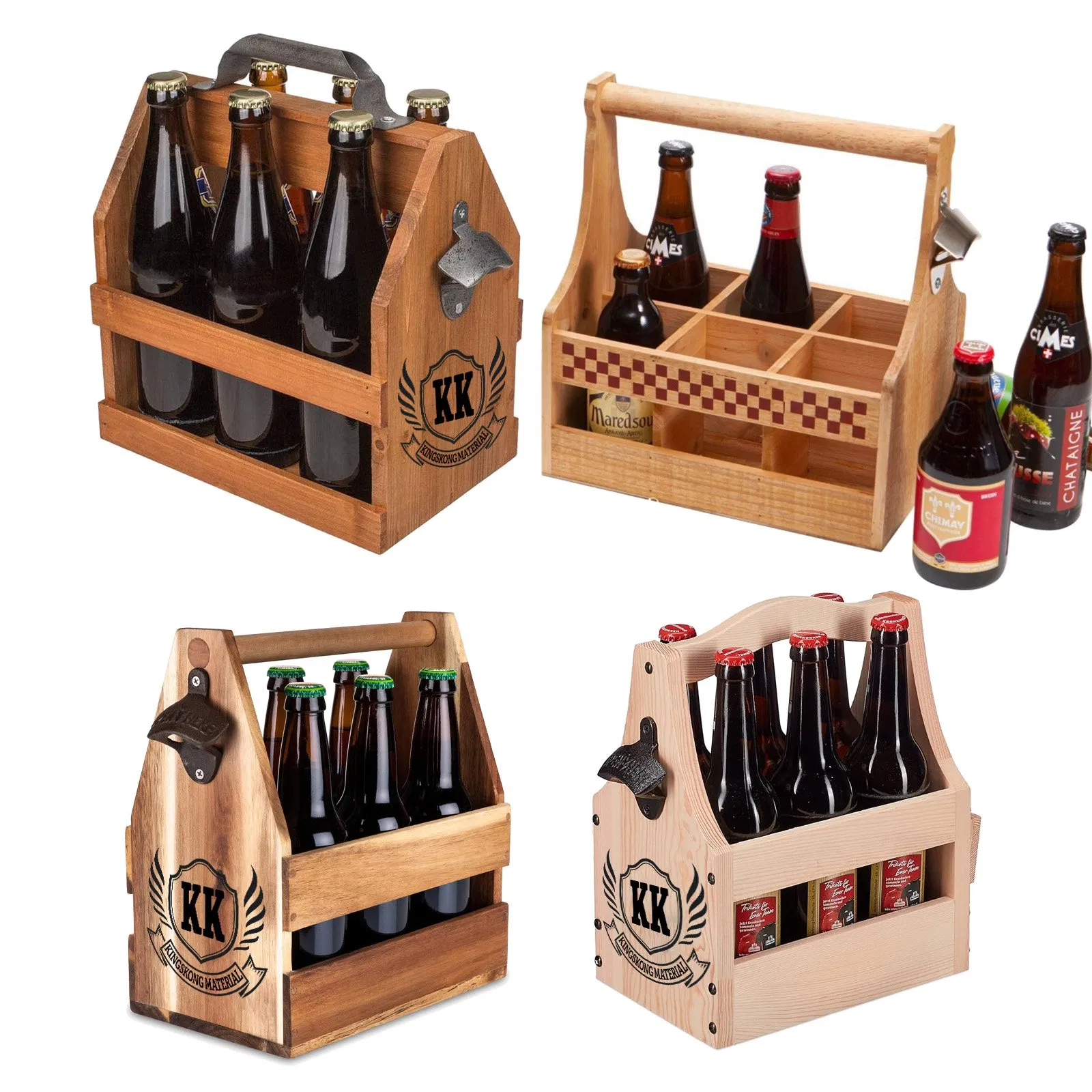 Plywood Pine Beech Ash Bottle Caddy Solid Wood Bottle Carrier with Magnetic Cap Catch for Russia Krusovice Bolten-Brauerei