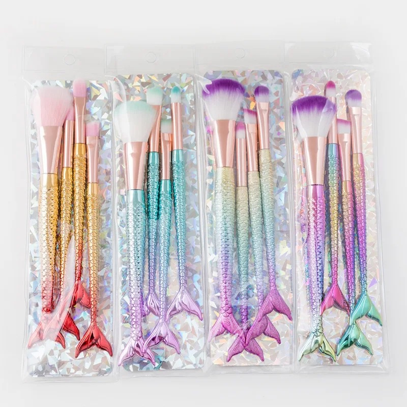 Makeup Brush Soft Fur Mermaid Set Nylon Hair 4 PVC Bags