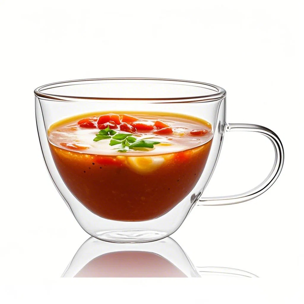 Wholesale Customized Clear Transparent Hand Made Heat Resistant Borosilicate Glass Double Wall Glass Bowl with Handle for Soup Glass Container