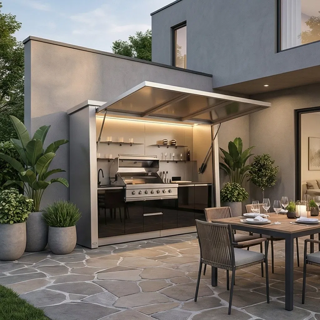 Modern Outdoor Gas Grill Trolley with Fridge and Storage Cabinet