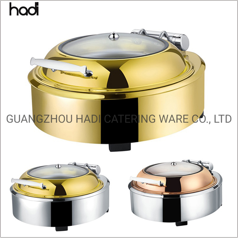 Buffet Chaffing Dish Supplies Catering Accessories Hydraulic 6L 9L Glass Lid Brass Copper Rose Gold Electrical Induction Buffet Stoves Chafing Dish Food Warmer