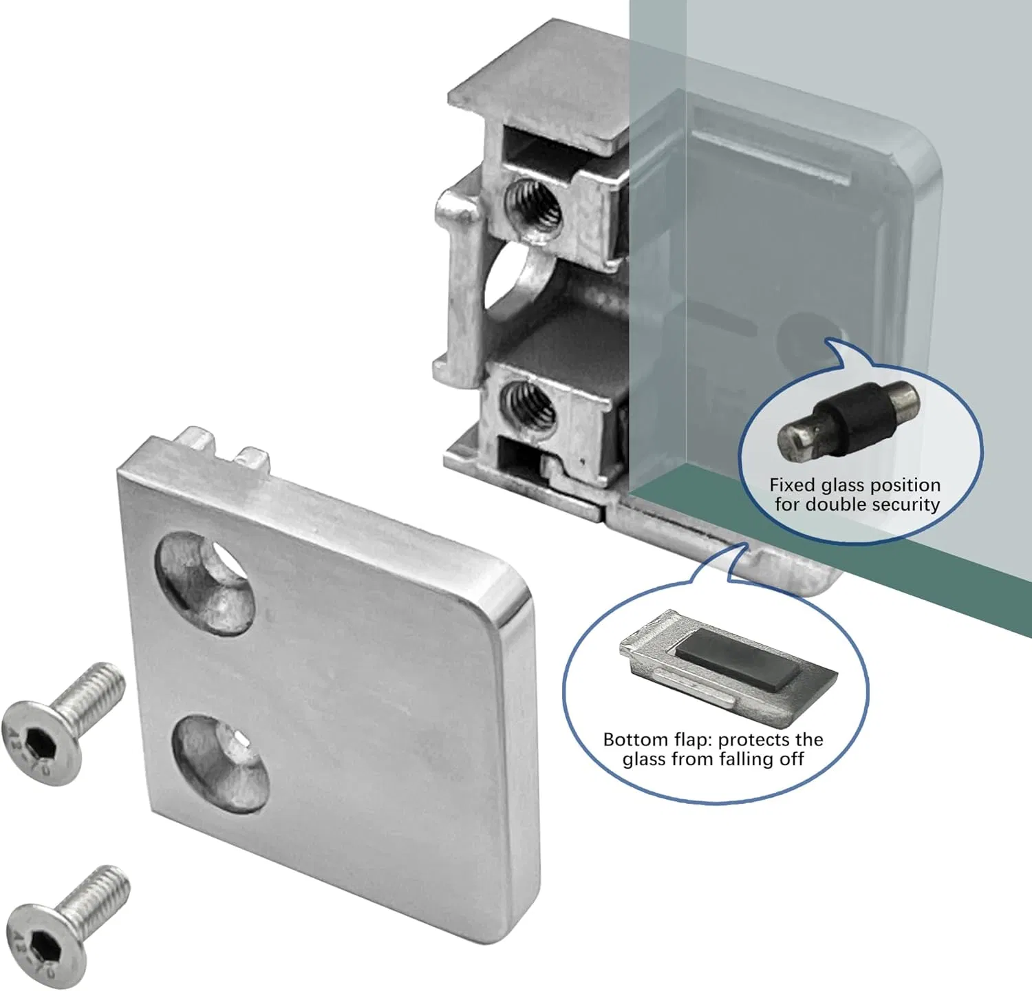 Suitable for 1/4" - 1/2" (6mm-12mm) Tempered Glass, Stainless Steel 304 Flat Bottom Square Glass Clamp for Railings, Stairs, Handrails, (silver)