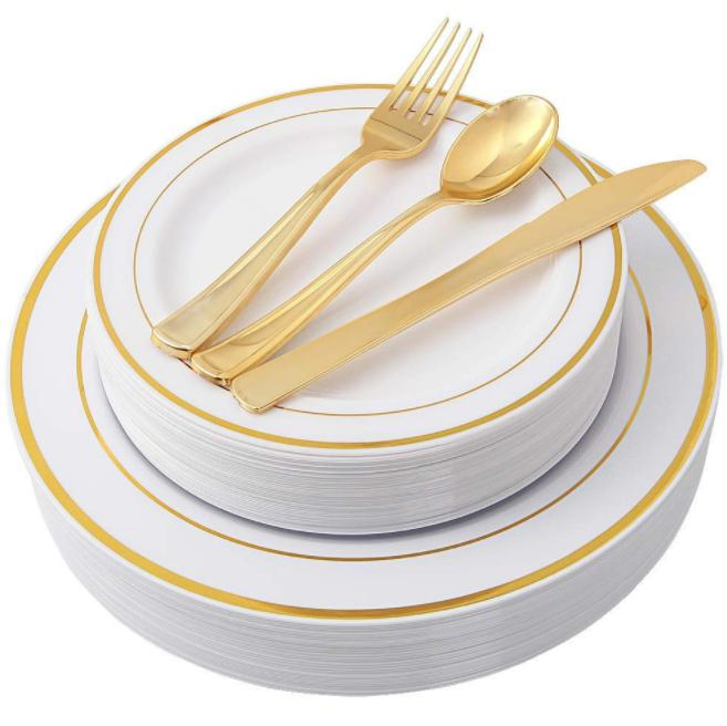 125PCS Food Grade Gold Rim Disposable Dinnerware Party Plastic Plate