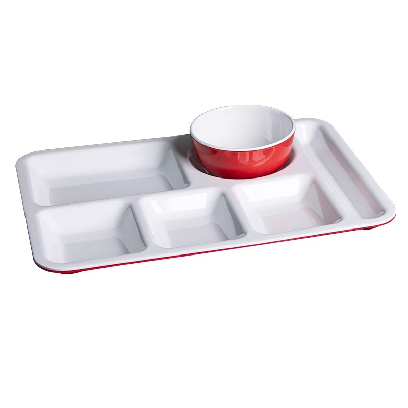 14-Inch Melamine Fast Food Tray with Rice Bowl Restaurants 6 Compartment Plates