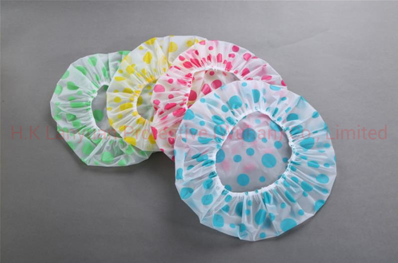 Disposable PE Shower Cap with Cherry Design in Blue