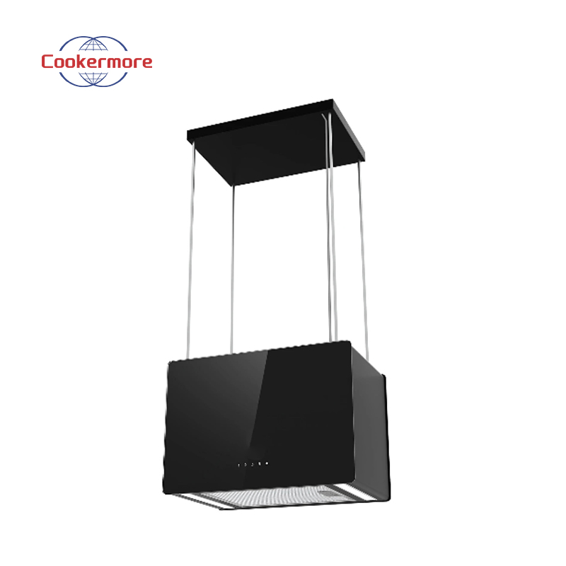 Durable Tempered Glass Island Mounted Square Kitchen Ventilation Range Hood