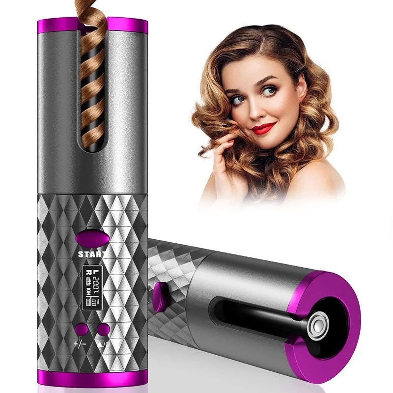 Portable Auto Wireless USB Ceramic Hair Curler Mini Cordless Rechargeable LCD Temperature PTC Rotating Automatic Curling Iron