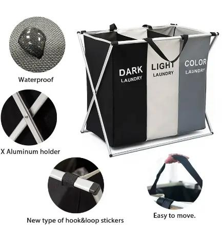Waterproof Folding Laundry Basket 3 Compartments Organizer Dirty Clothes