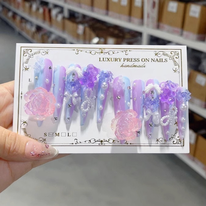 Handmade Long Press on Nails Flower Butterfly Ready to Ship Custom Logo