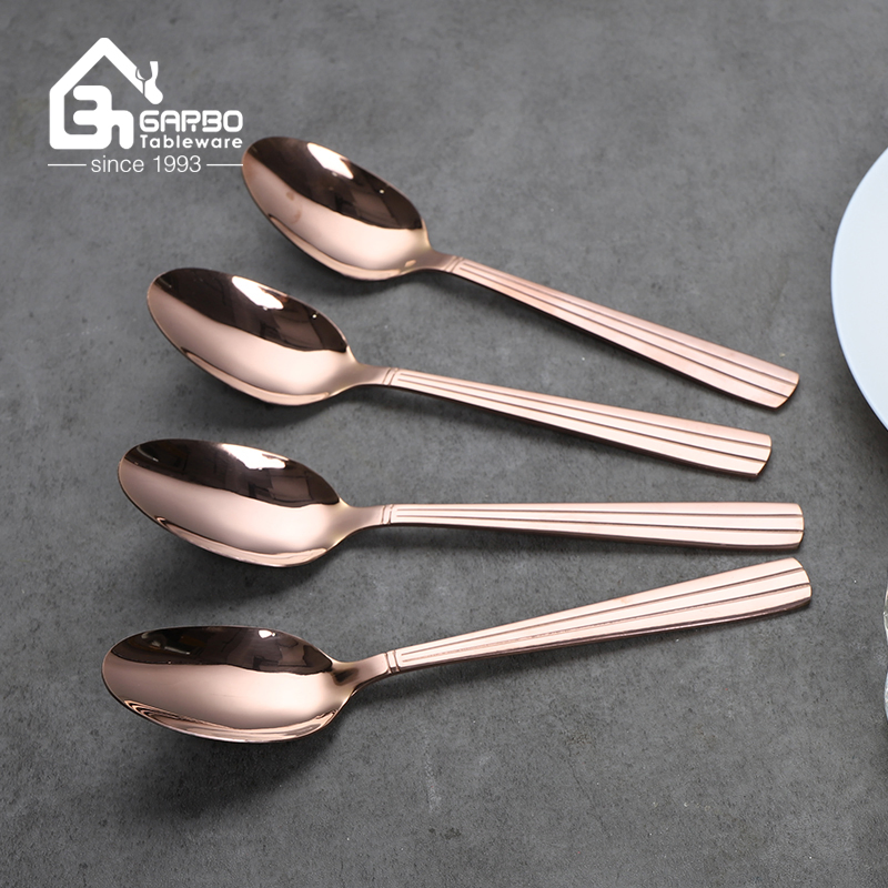 Handmade Mirror Polish 13/0 Silver Stainless Steel Cutlery Flatware Dinner Set Soup Spoon with Customized Rose Gold Engraved Pattern Design for Home Hotel Use