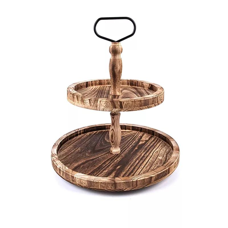 Farmhouse Vintage Distressed Wood Metal Handle 2 Tier Wooden Tray Cake Stand, Rustic Round 2 Tier Wooden Storage Serving Tray