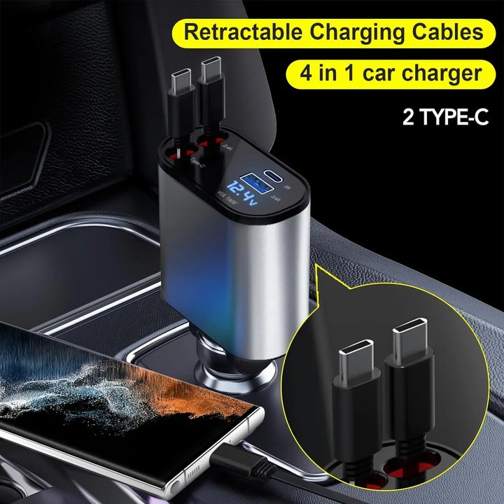Fast Retractable Car Charger Type C Car Charger Fast Charge Pd 120W 2 Retractable 4 in 1 Cables and USB Port Car Charger Adapter