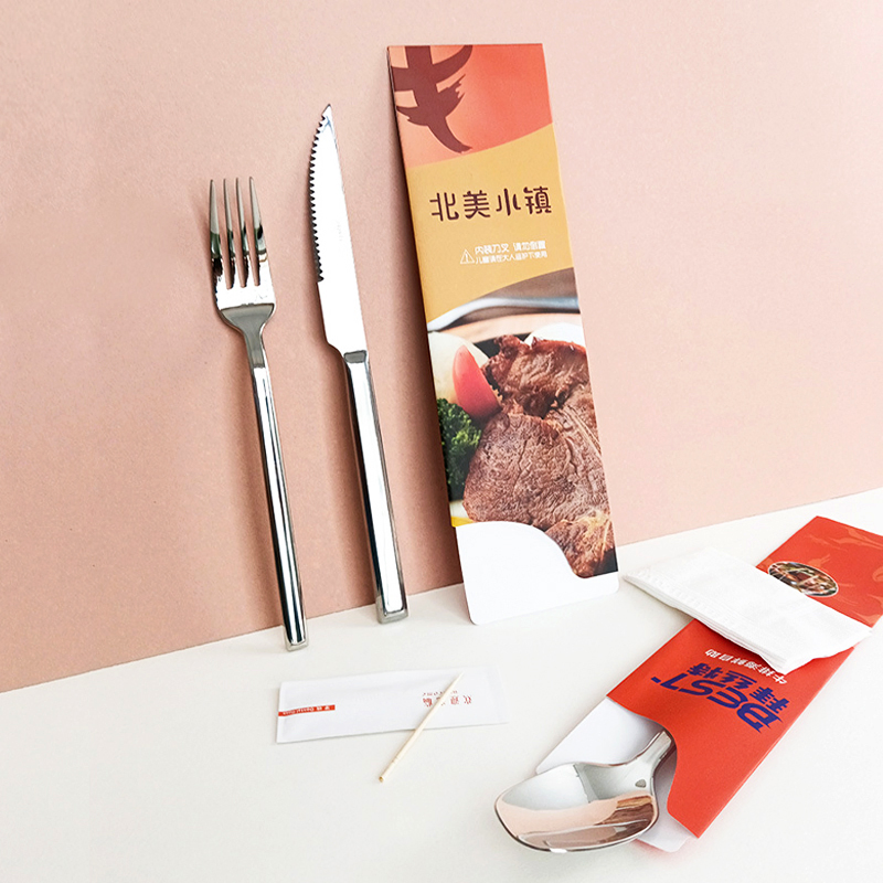 Custom Restaurant Cutlery Paper Bag Pouch Fork Knife Spoon Flatware Silverware Set Kraft Paper Sleeve with Napkin