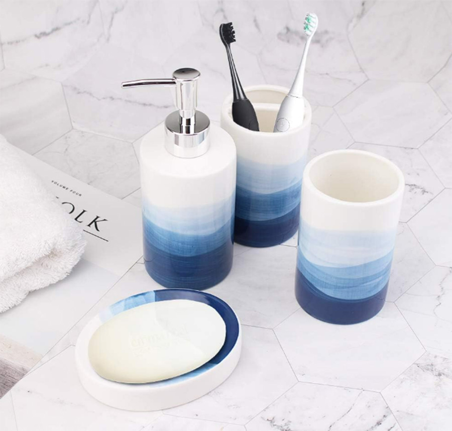 4 Piece Painted Ceramic Dispenser Soap Dish Sanitary Bathroom Accessory Set