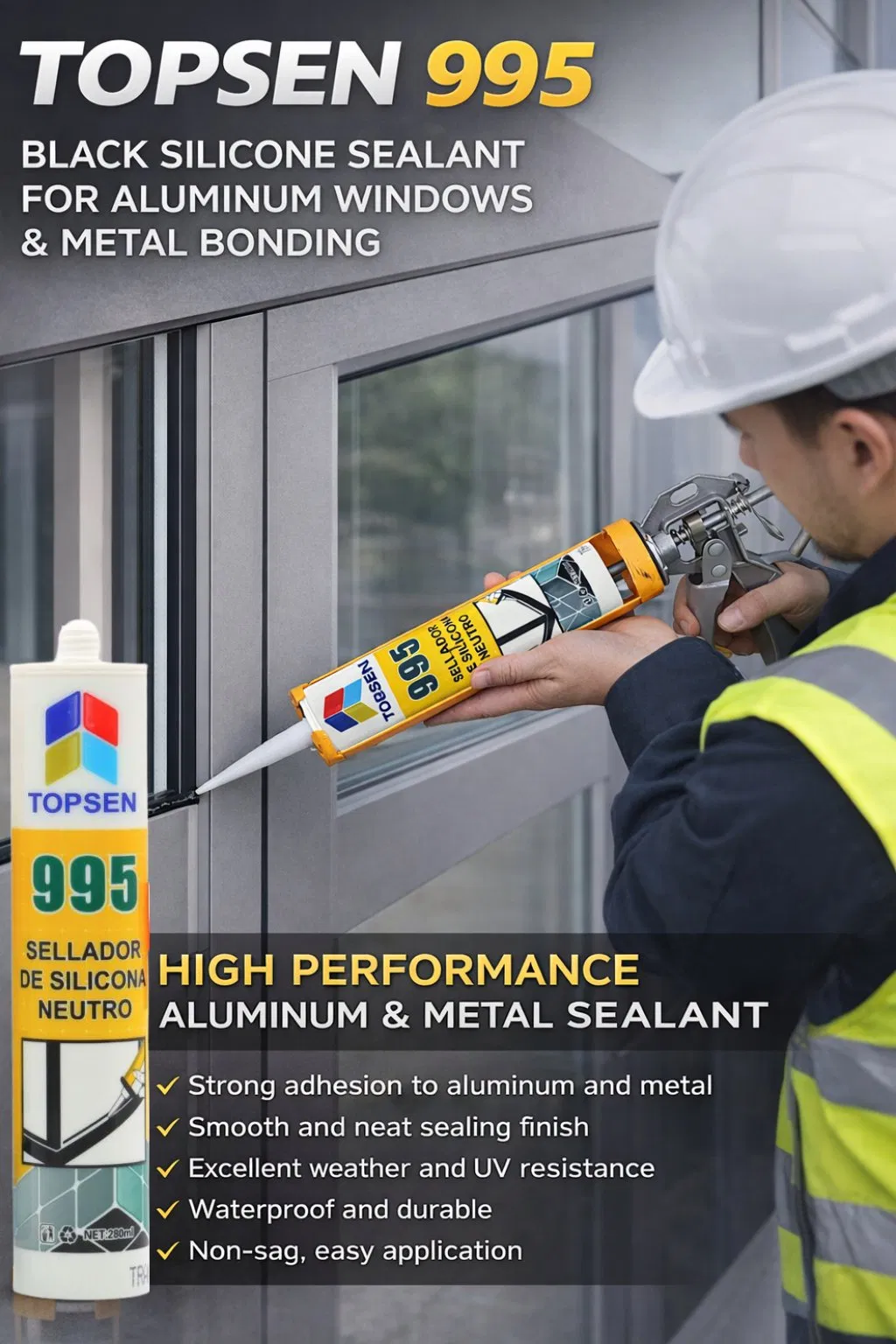 Topsen 995 Construction Silicone Sealant for Windows, Doors and Metal Panels