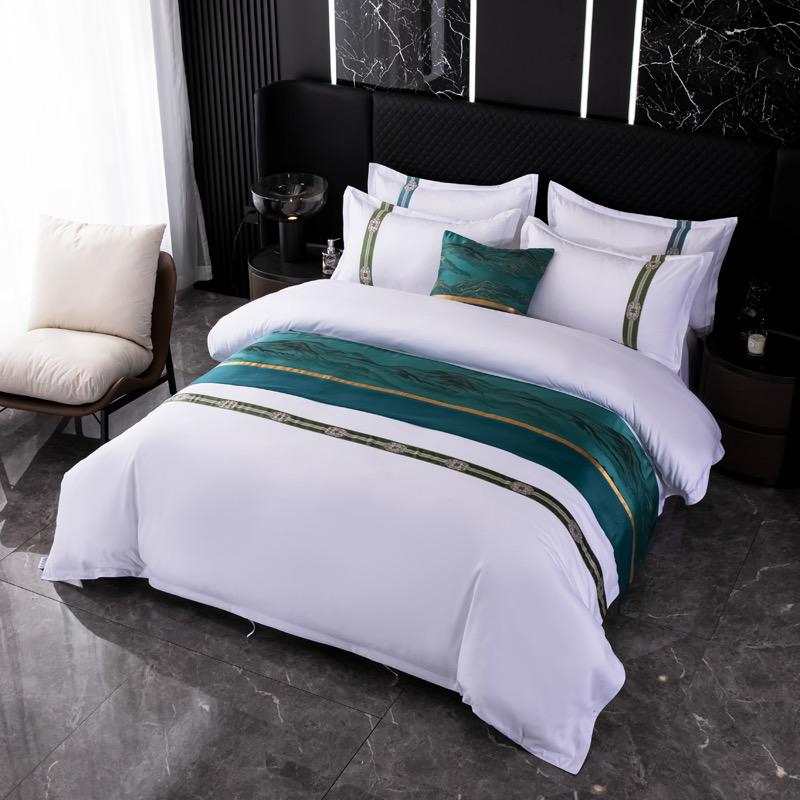 Four Piece Set Bed Linen Bed Cover Custom OEM/ODM Plain Color Cotton Polyester White Embroidery Ribbon Home Textile Bed Sheets Bedding Set for Hotel