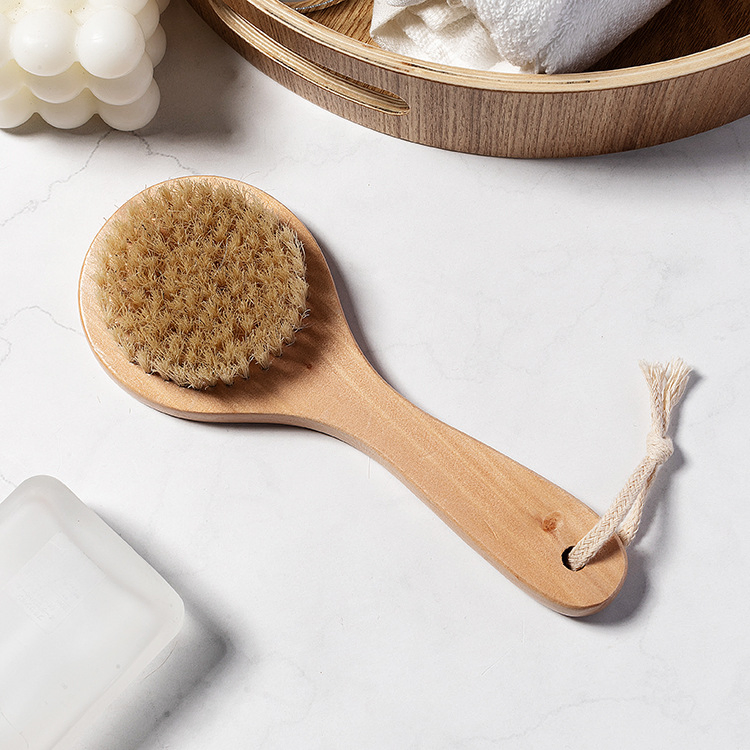 Bathroom Accessories Short Handle Natural Boar Bristle Dry Body Brushes Wooden Wash Scrubber Bath Brush for Wet and Dry Brush